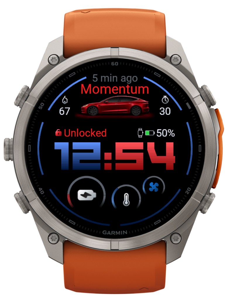 Tesla Control watch face with blue and red digital time