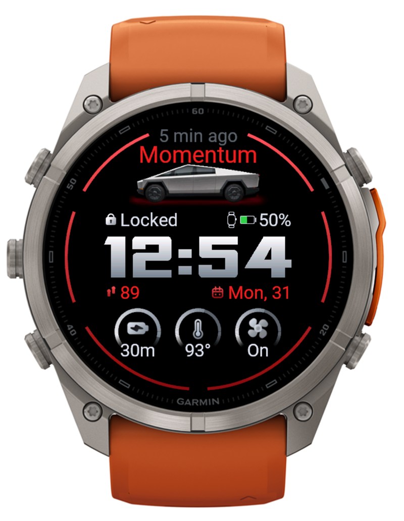 Tesla Control watch face featuring a Cybertruck