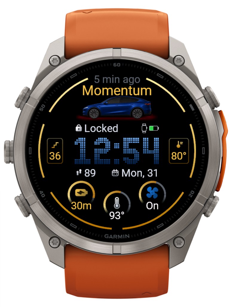 Tesla Control watch face with gold and blue accents