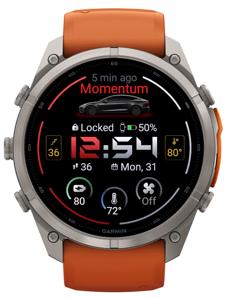 Tesla Control watch face with red and silver digital time
